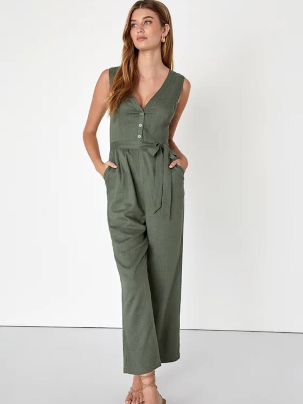 Lulu's Olive Green Sleeveless Button V-Neck Jumpsuit with Tie Waist Size M